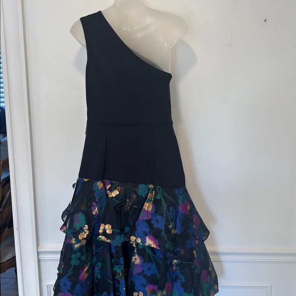 AIDAN MATTOX One Shoulder Black Dress w/Floral Layered Jacquared Fabric Sz4 - Picture 8 of 14